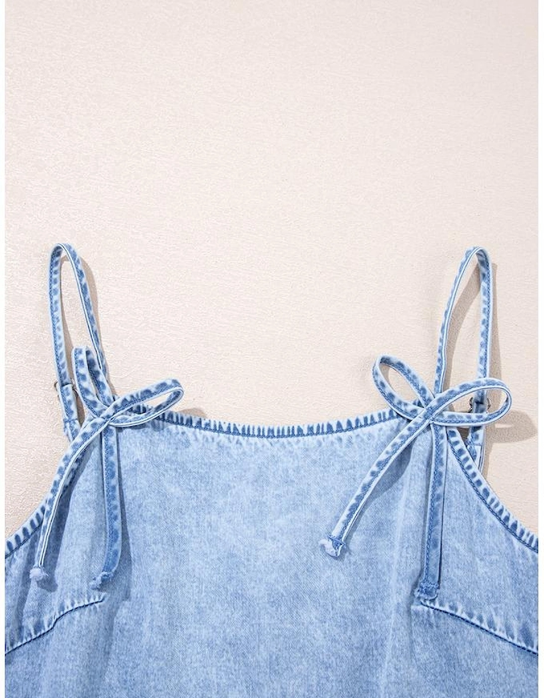 Beau Blue Bow Detail Spaghetti Straps Ruffle Hem Denim Short Dress