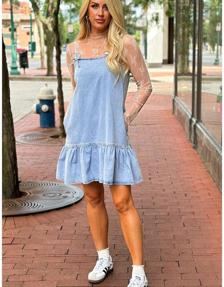 Beau Blue Bow Detail Spaghetti Straps Ruffle Hem Denim Short Dress