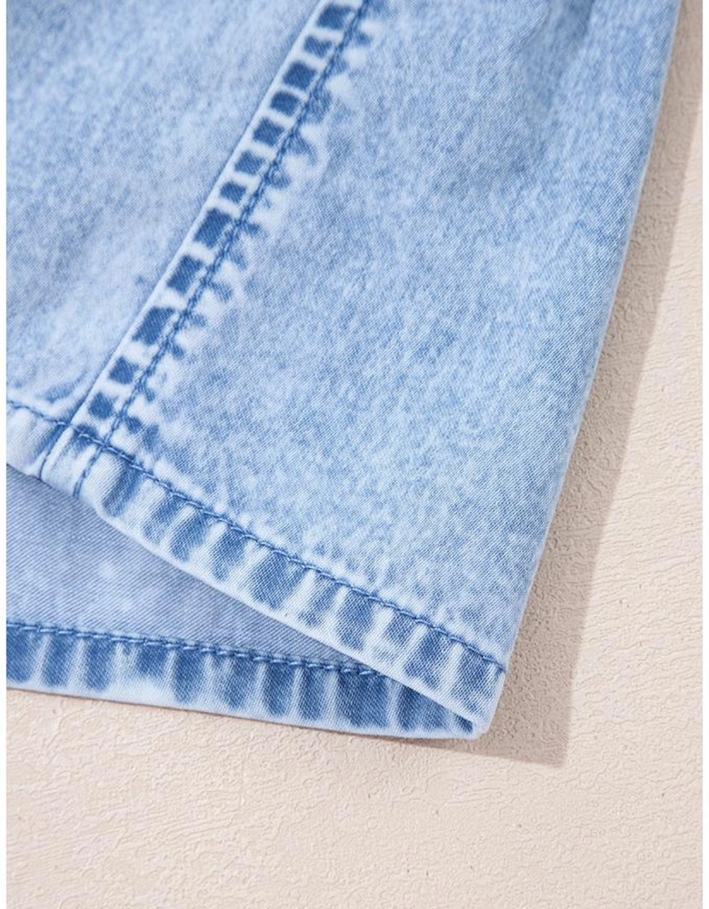 Beau Blue Bow Detail Spaghetti Straps Ruffle Hem Denim Short Dress