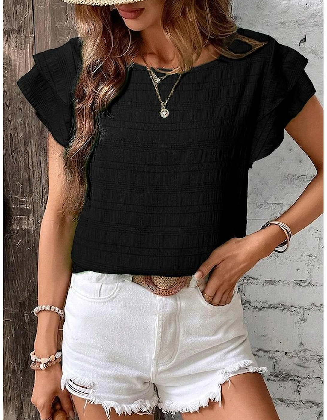 Black Textured Ruffled Sleeve Round Neck Top