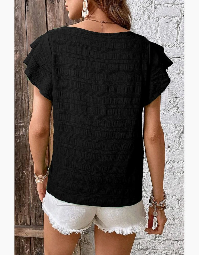 Black Textured Ruffled Sleeve Round Neck Top