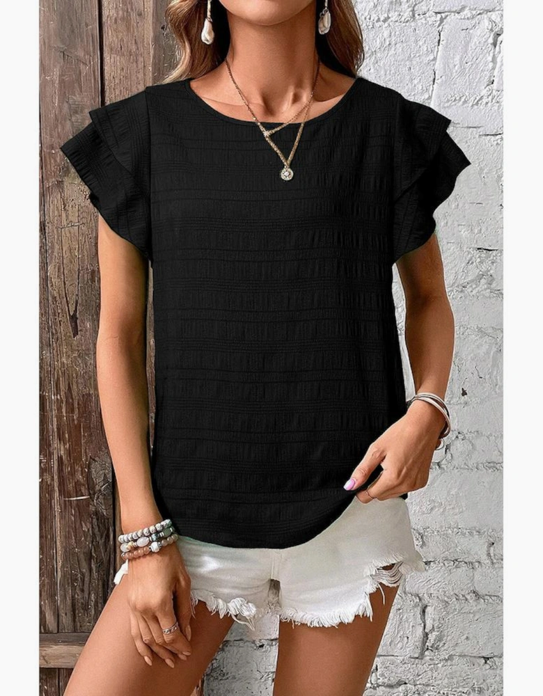 Black Textured Ruffled Sleeve Round Neck Top