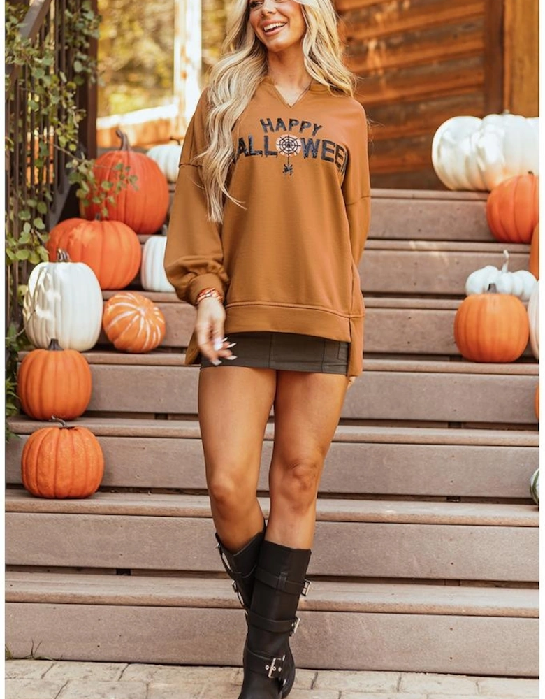 Chestnut Sequin Happy Halloween Graphic Notched Neck Long Sleeve Loose Top