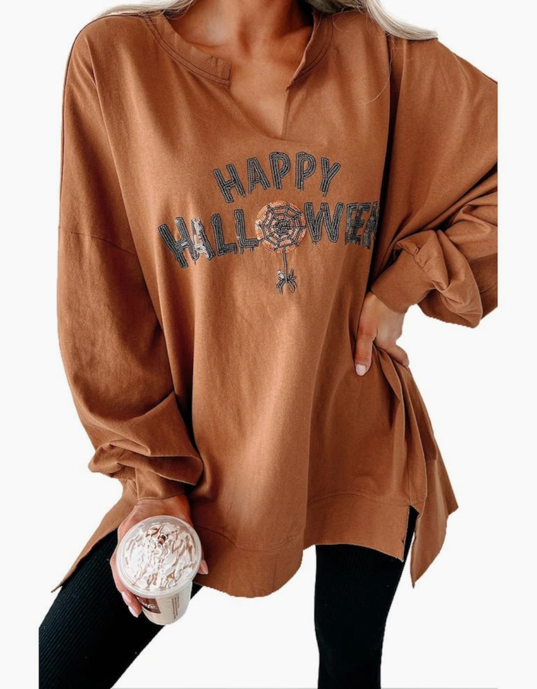 Chestnut Sequin Happy Halloween Graphic Notched Neck Long Sleeve Loose Top