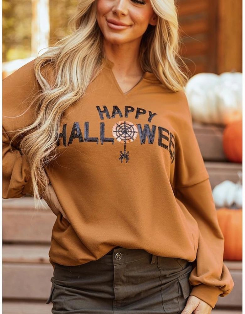 Chestnut Sequin Happy Halloween Graphic Notched Neck Long Sleeve Loose Top