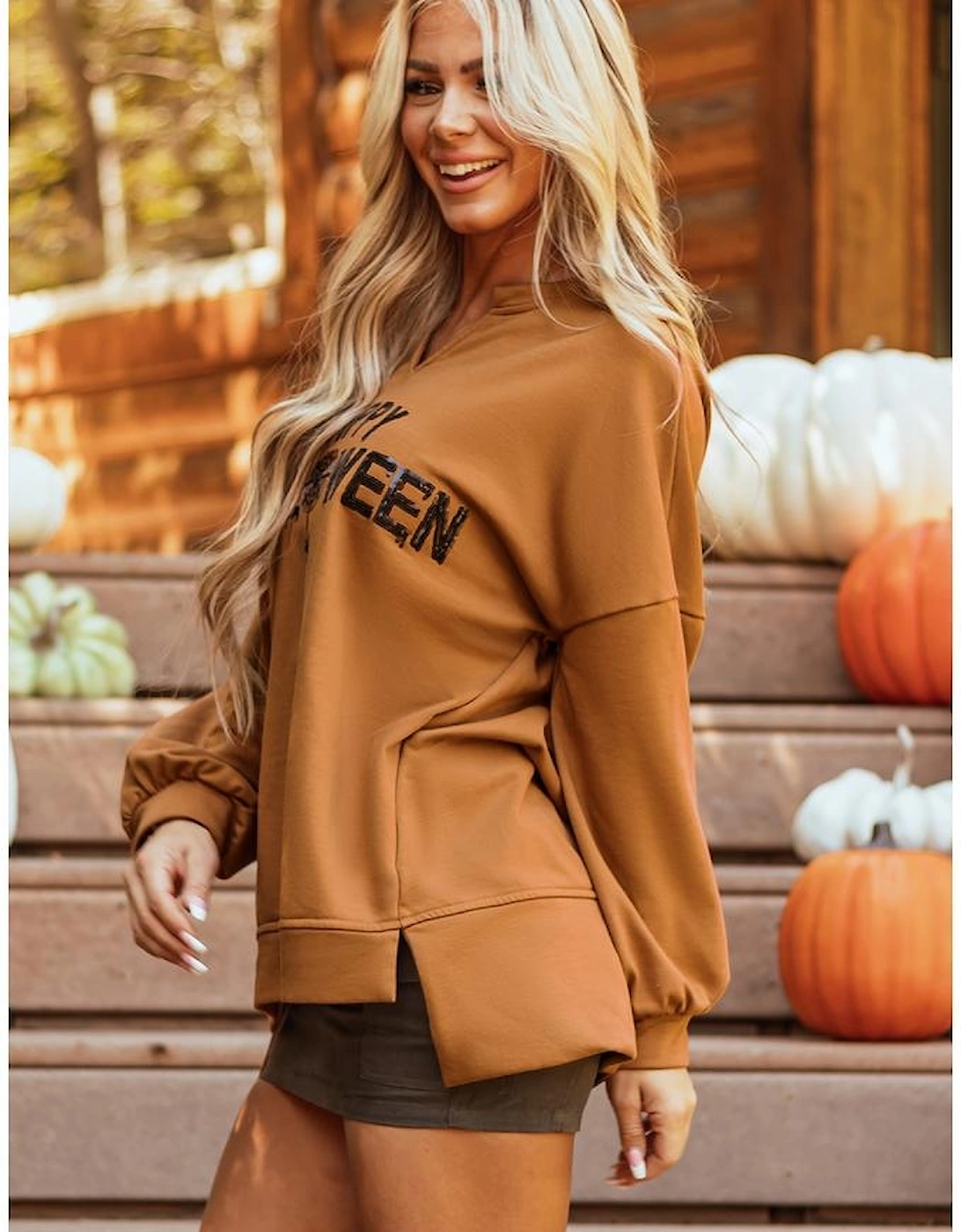 Chestnut Sequin Happy Halloween Graphic Notched Neck Long Sleeve Loose Top, 13 of 12