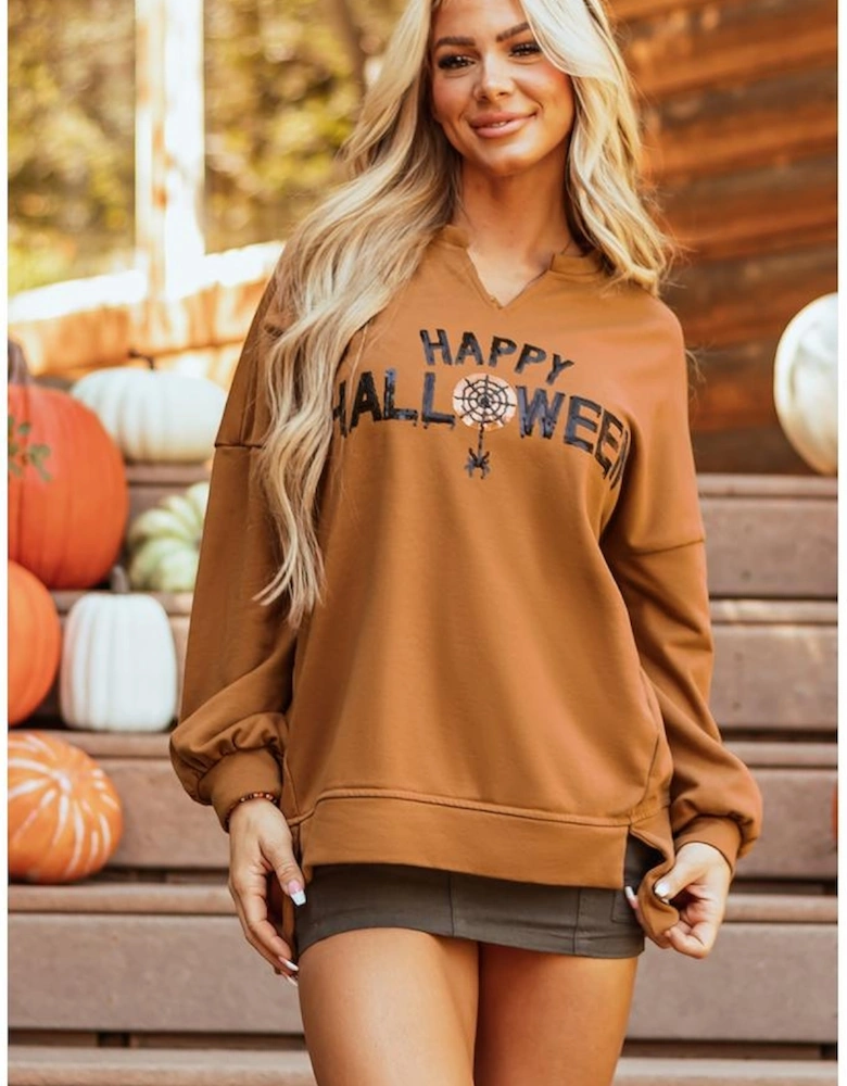 Chestnut Sequin Happy Halloween Graphic Notched Neck Long Sleeve Loose Top