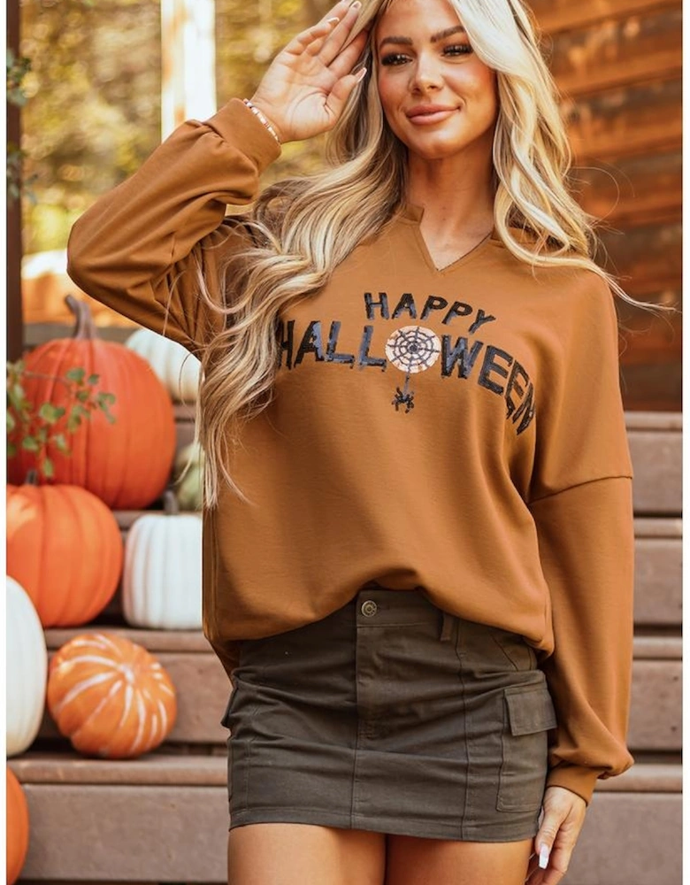Chestnut Sequin Happy Halloween Graphic Notched Neck Long Sleeve Loose Top