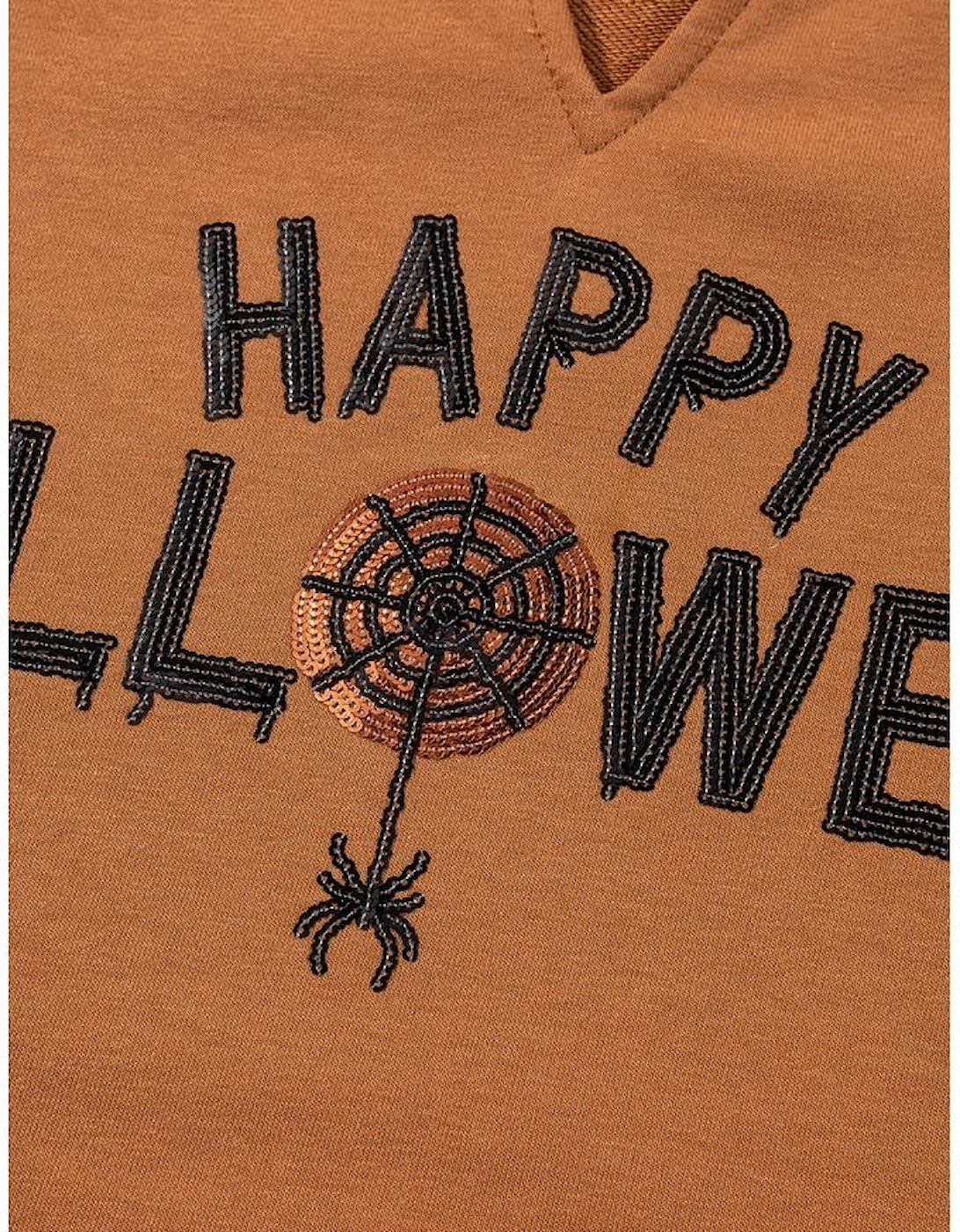 Chestnut Sequin Happy Halloween Graphic Notched Neck Long Sleeve Loose Top