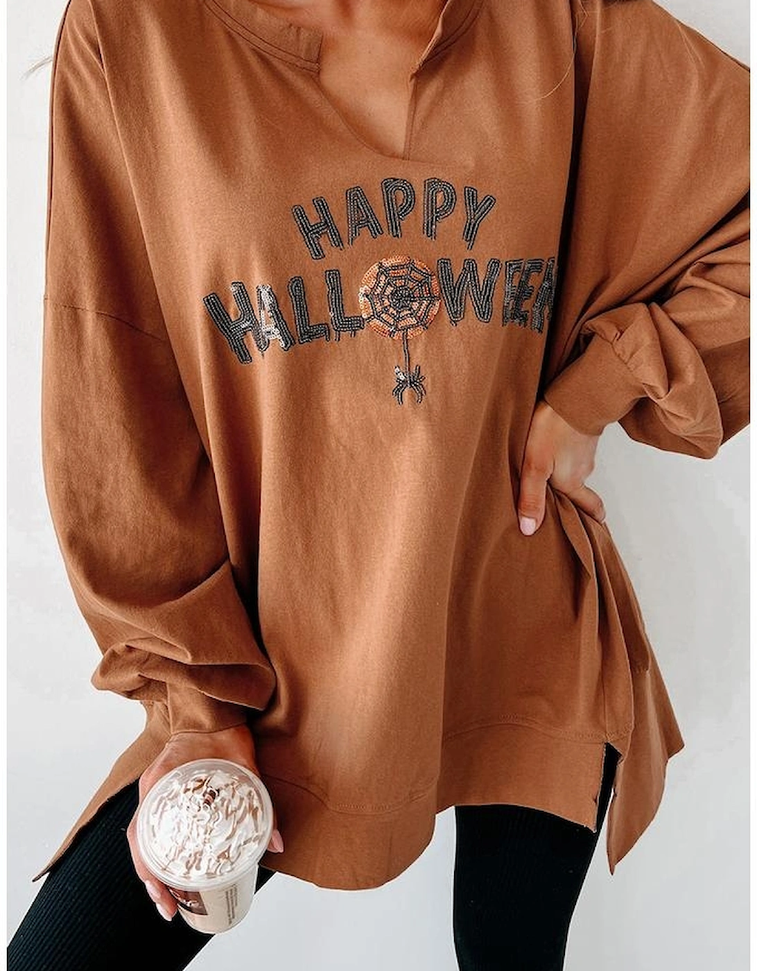 Chestnut Sequin Happy Halloween Graphic Notched Neck Long Sleeve Loose Top