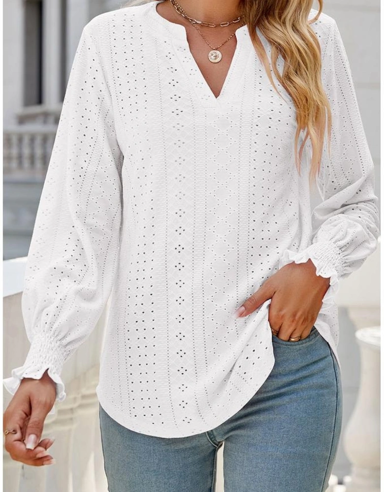 White Split Neck Textured Loose Blouse