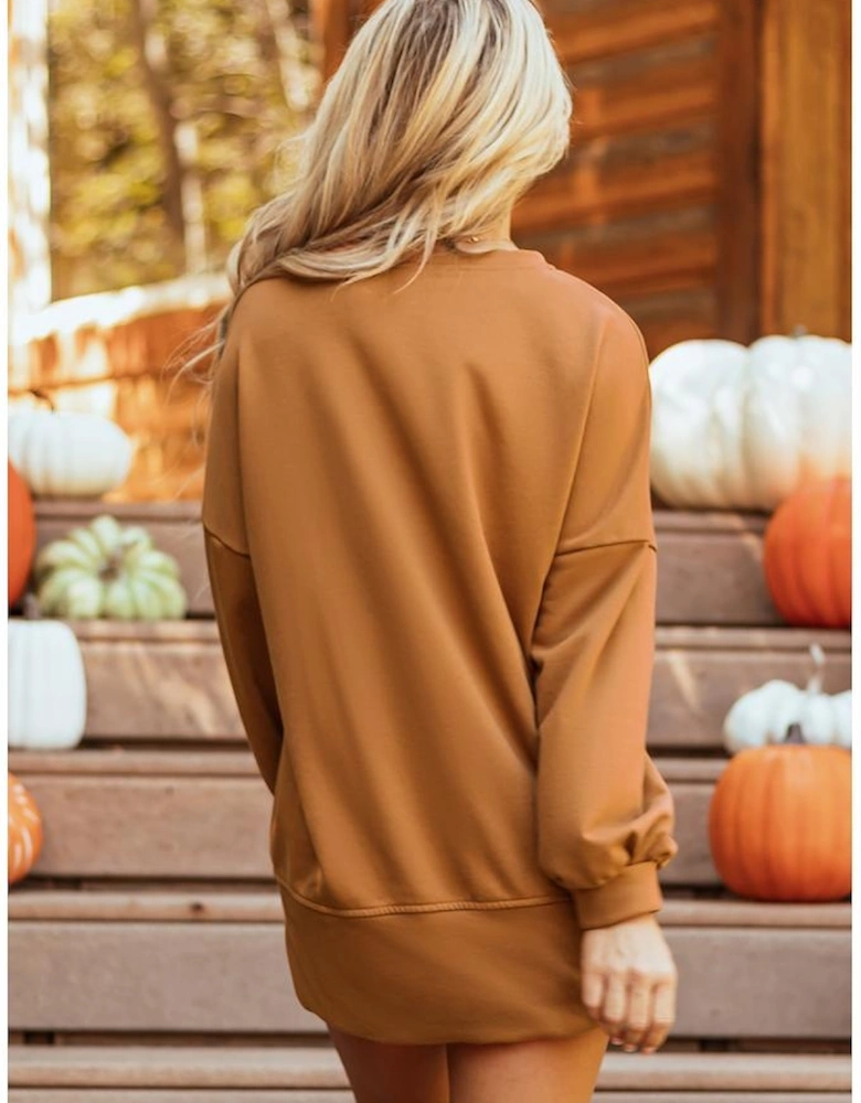 Chestnut Sequin Happy Halloween Graphic Notched Neck Long Sleeve Loose Top