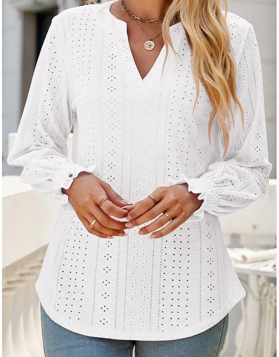 White Split Neck Textured Loose Blouse