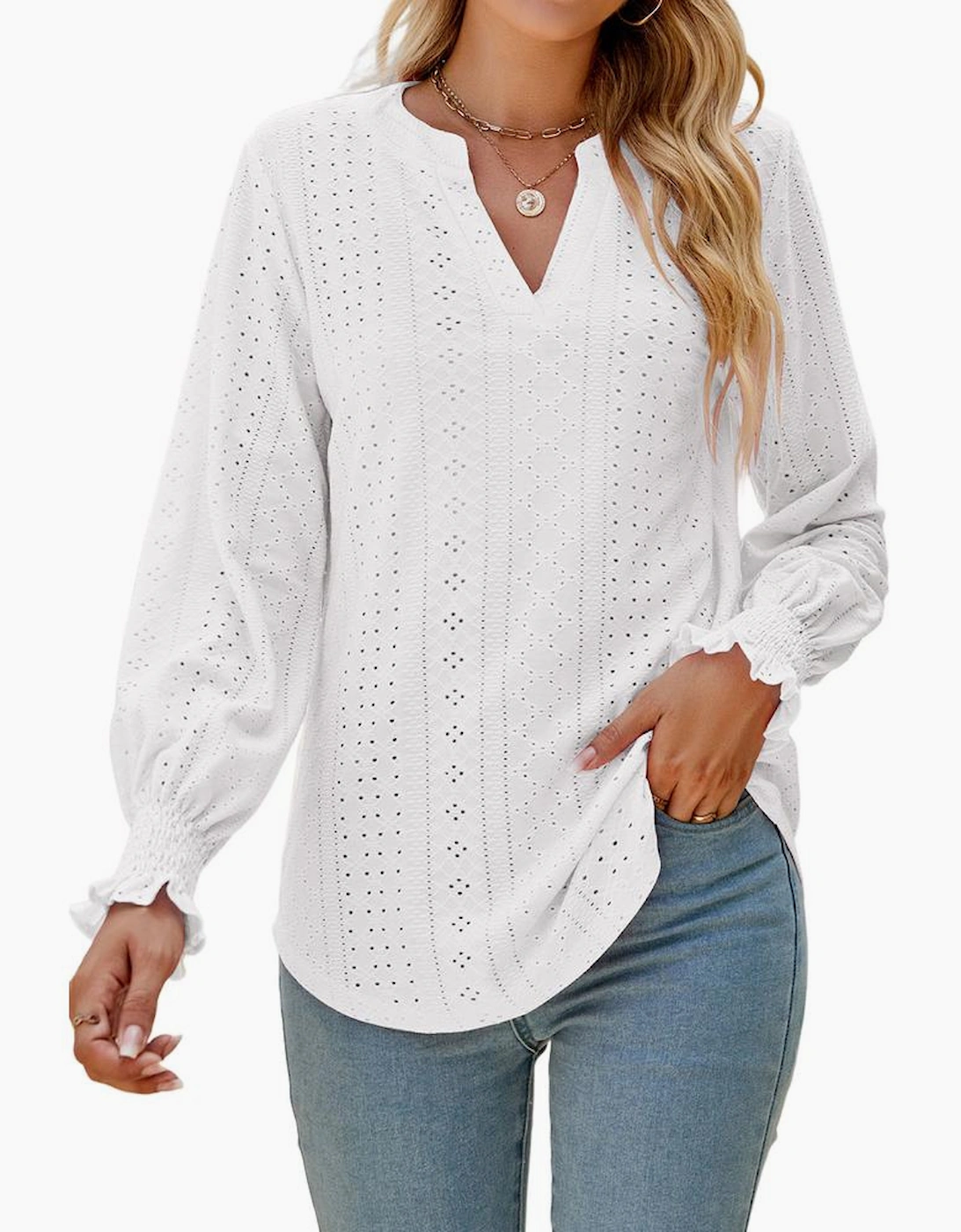 White Split Neck Textured Loose Blouse