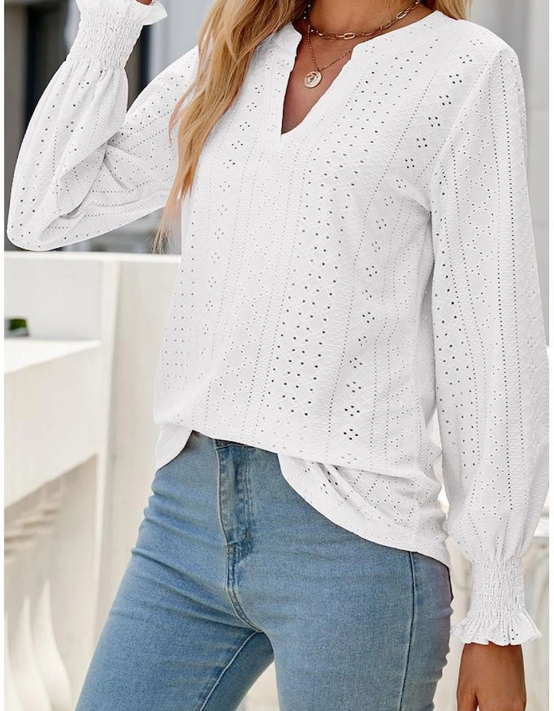White Split Neck Textured Loose Blouse