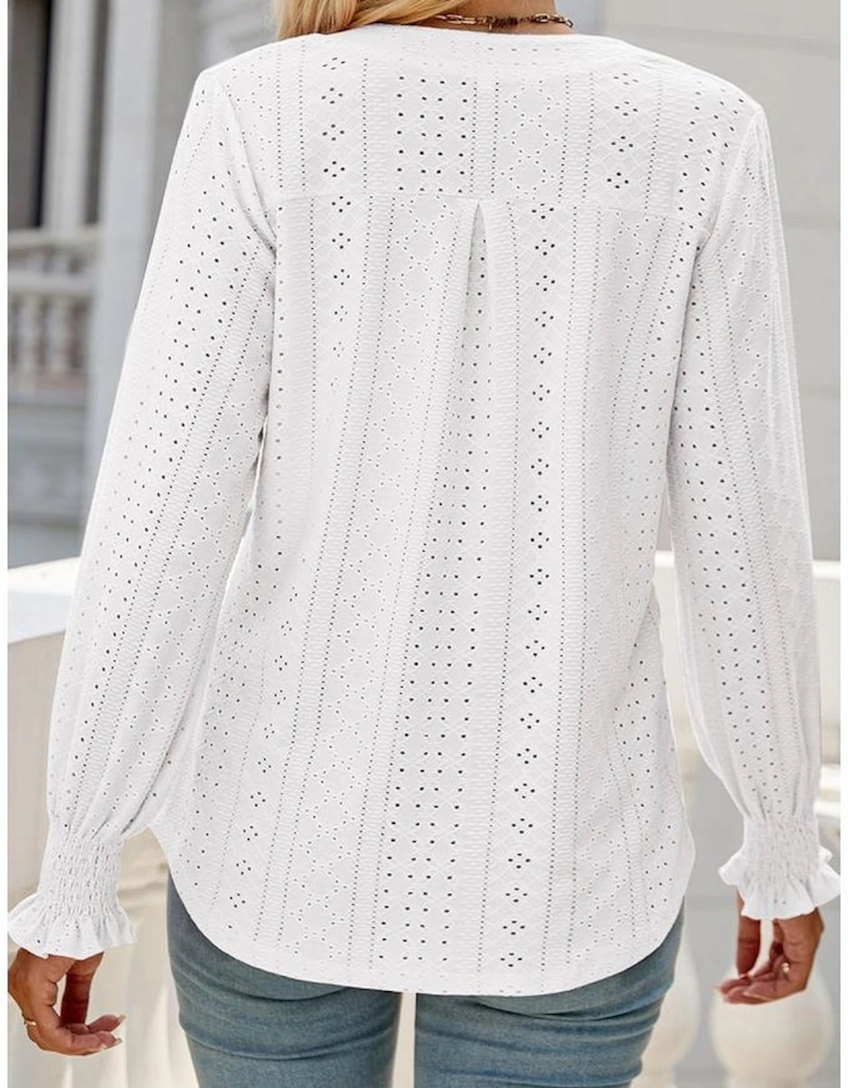 White Split Neck Textured Loose Blouse