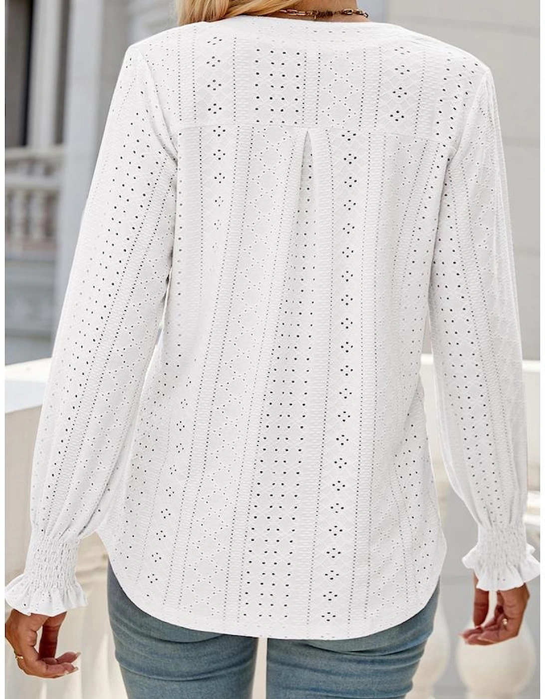 White Split Neck Textured Loose Blouse