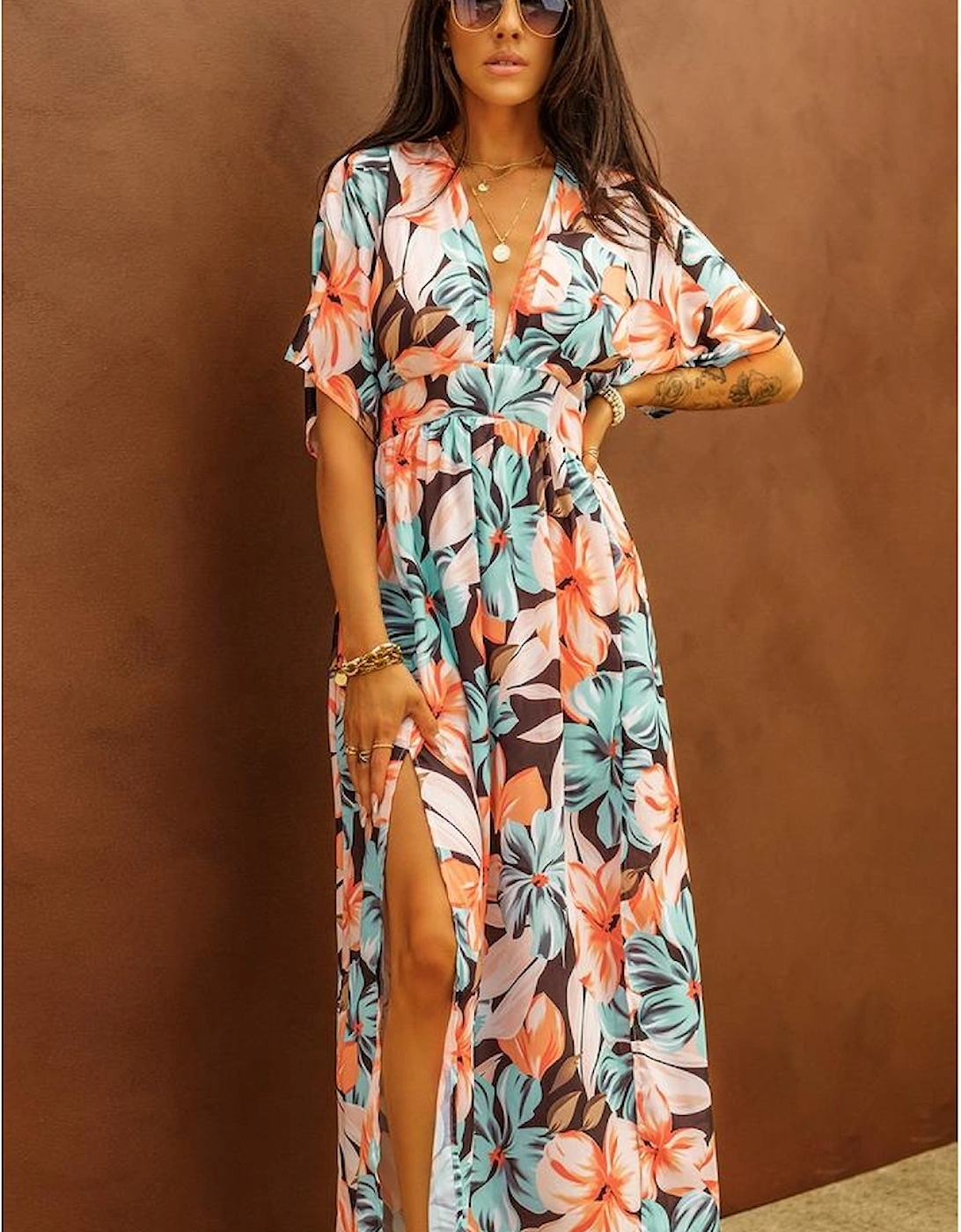 Azura Exchange Floral Kimono Long Dress with Slit