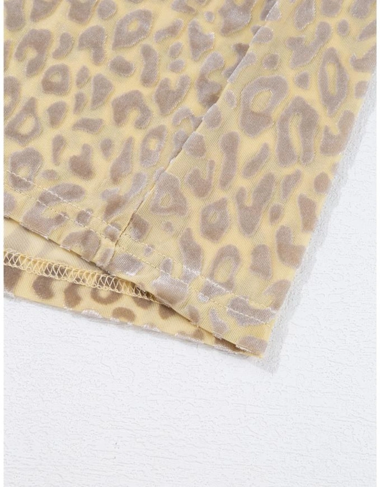 Beige Leopard Velvet Burnout Off Shoulder Long Sleeve Blouse