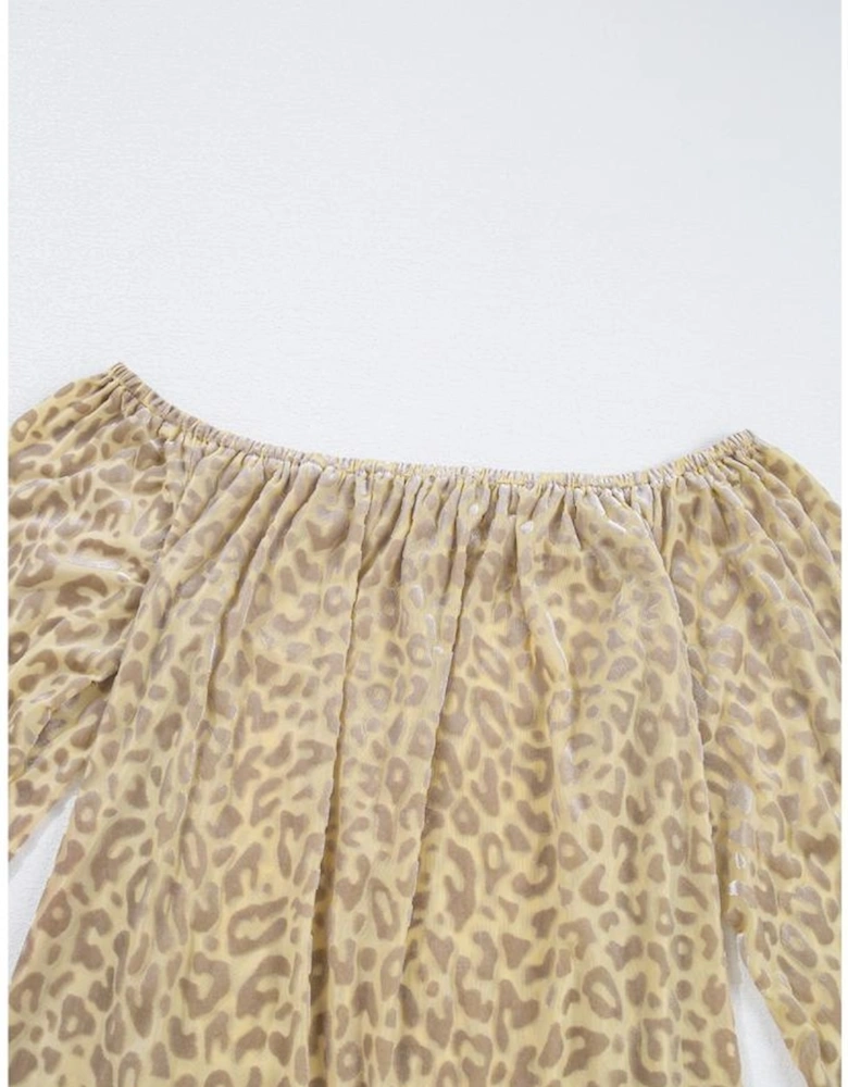 Beige Leopard Velvet Burnout Off Shoulder Long Sleeve Blouse