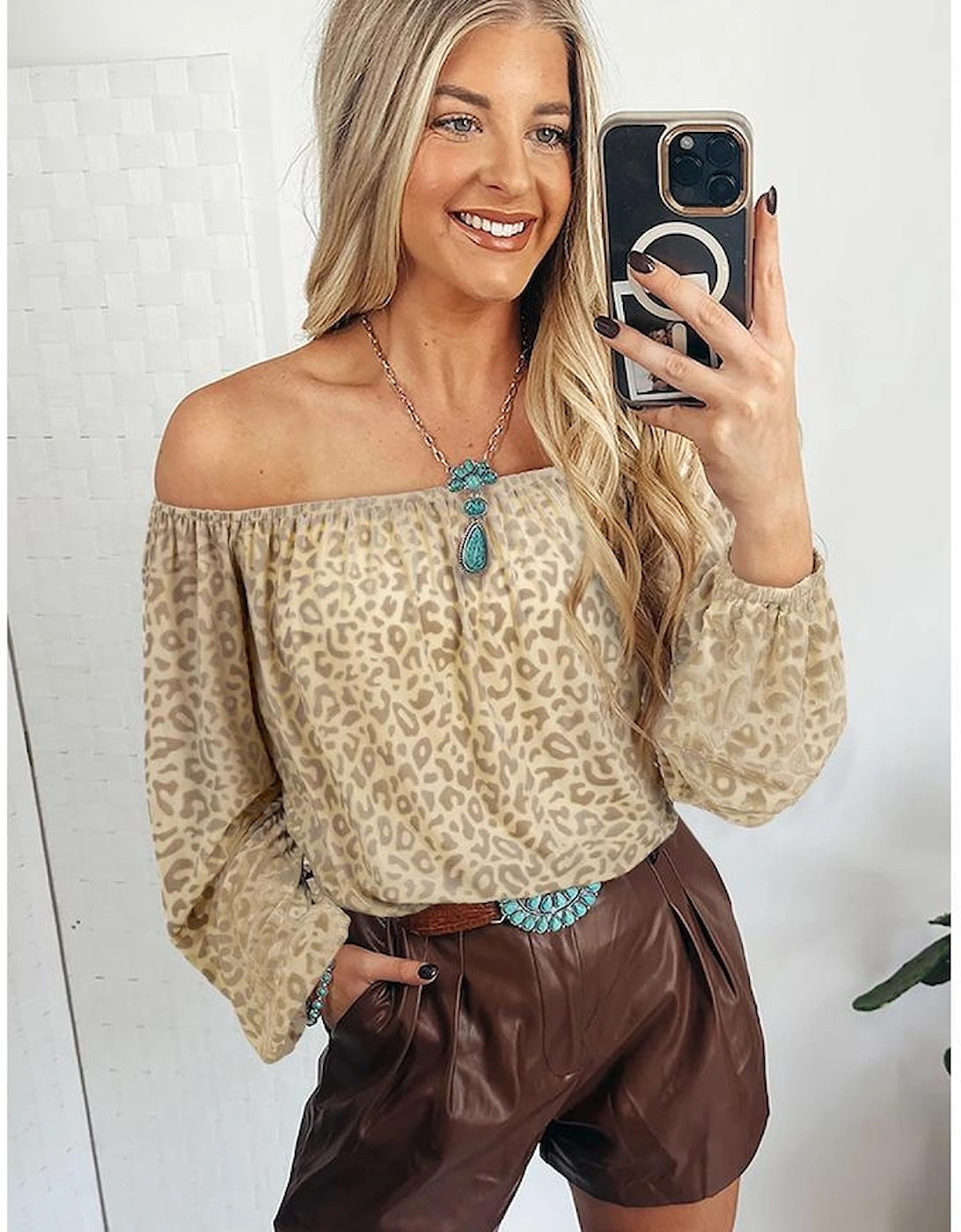 Beige Leopard Velvet Burnout Off Shoulder Long Sleeve Blouse, 13 of 12