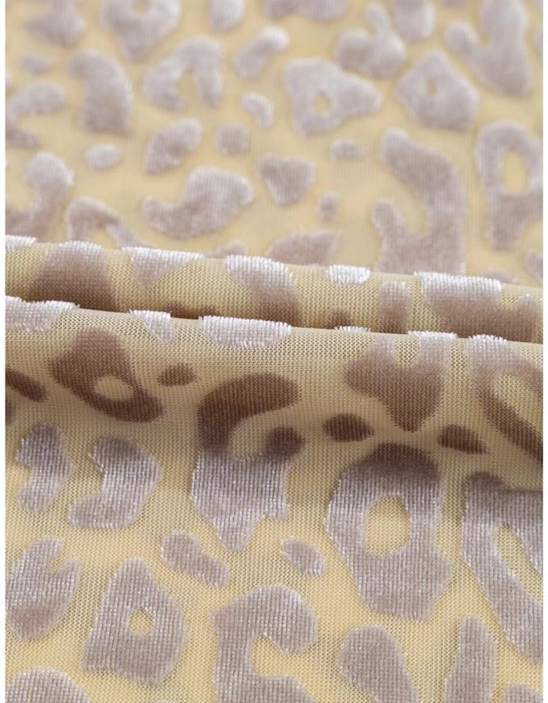 Beige Leopard Velvet Burnout Off Shoulder Long Sleeve Blouse