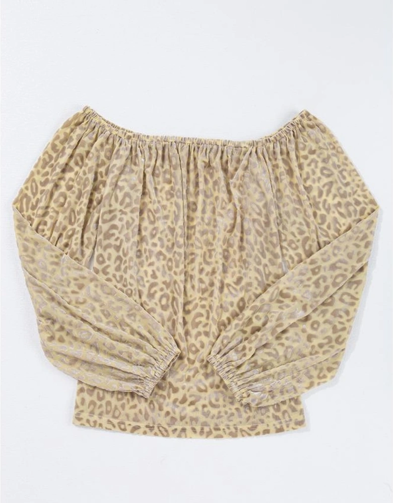 Beige Leopard Velvet Burnout Off Shoulder Long Sleeve Blouse