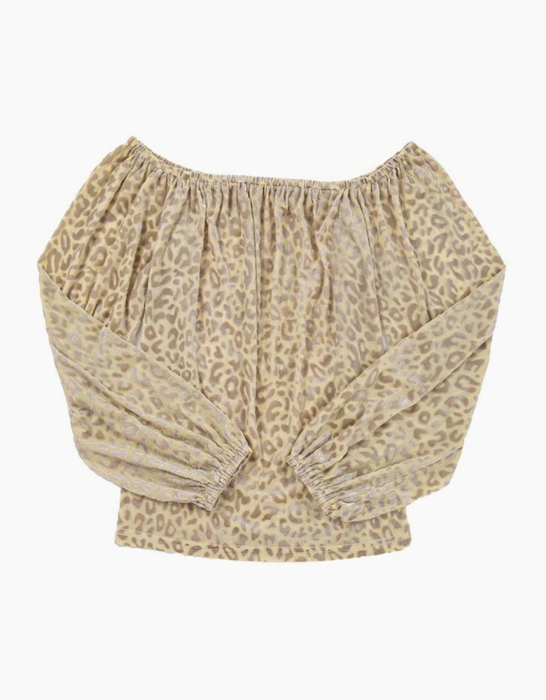 Beige Leopard Velvet Burnout Off Shoulder Long Sleeve Blouse