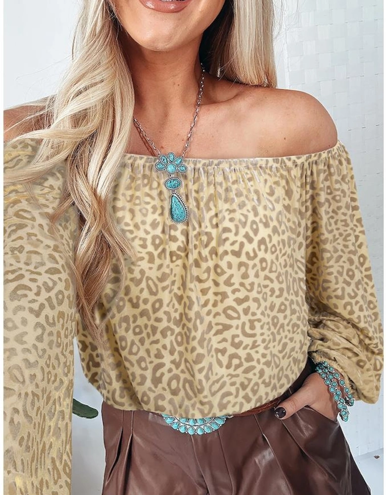 Beige Leopard Velvet Burnout Off Shoulder Long Sleeve Blouse