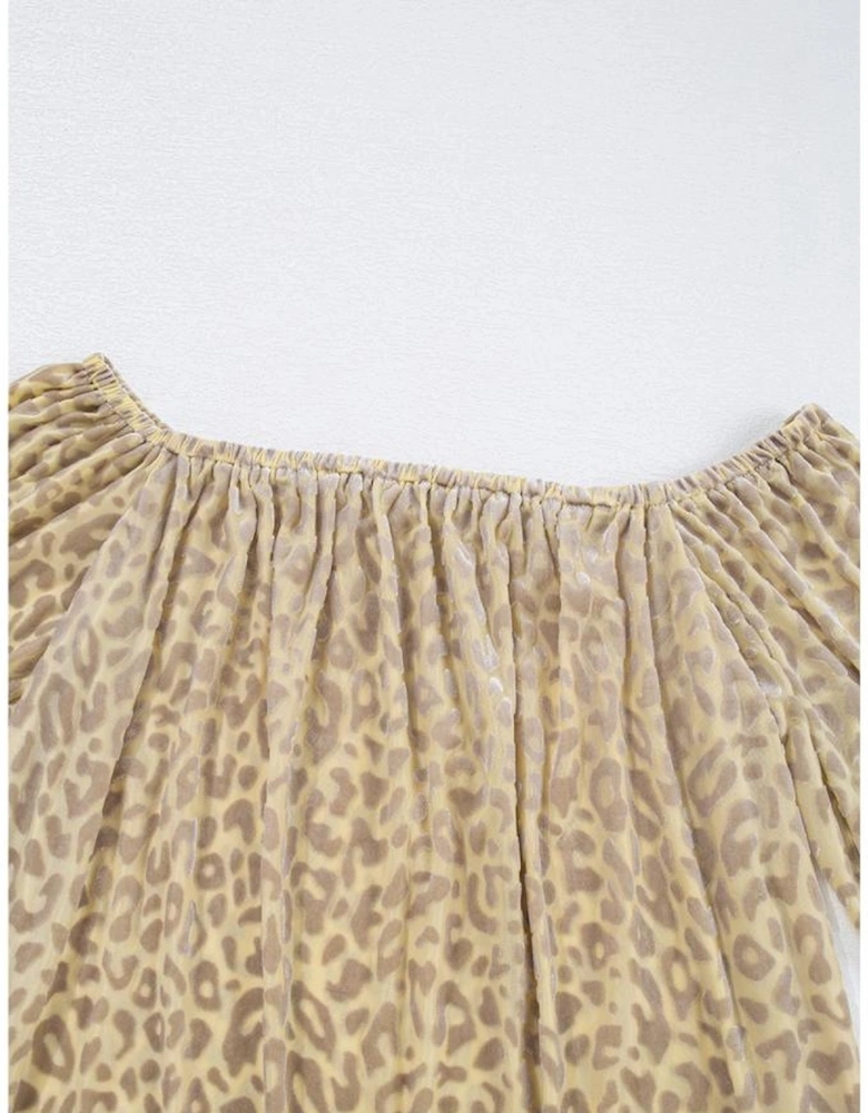 Beige Leopard Velvet Burnout Off Shoulder Long Sleeve Blouse