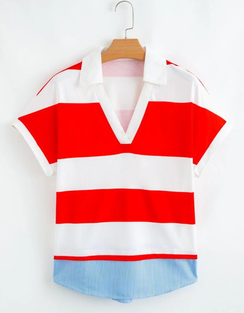 Red Stripe Collar V Neck Cuffed Dolman Short Sleeve Top