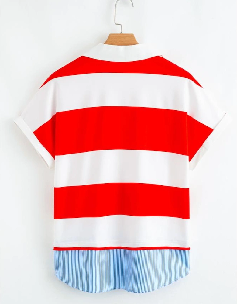 Red Stripe Collar V Neck Cuffed Dolman Short Sleeve Top