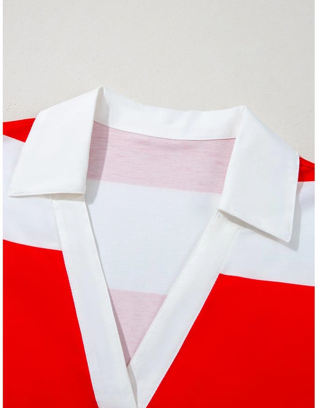 Red Stripe Collar V Neck Cuffed Dolman Short Sleeve Top