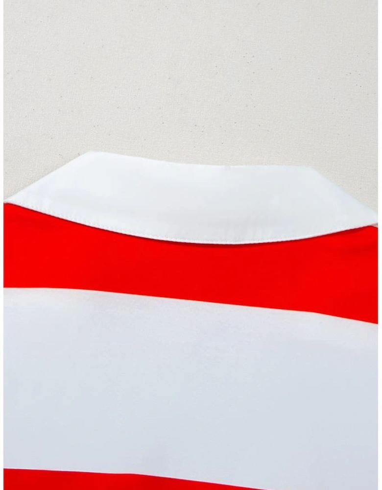 Red Stripe Collar V Neck Cuffed Dolman Short Sleeve Top