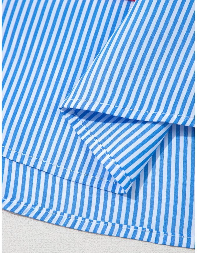 Red Stripe Collar V Neck Cuffed Dolman Short Sleeve Top