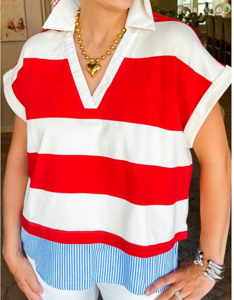 Red Stripe Collar V Neck Cuffed Dolman Short Sleeve Top