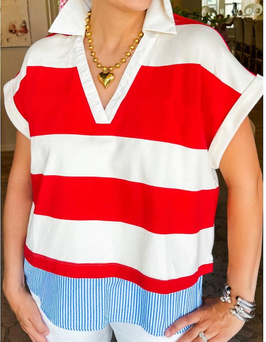 Red Stripe Collar V Neck Cuffed Dolman Short Sleeve Top