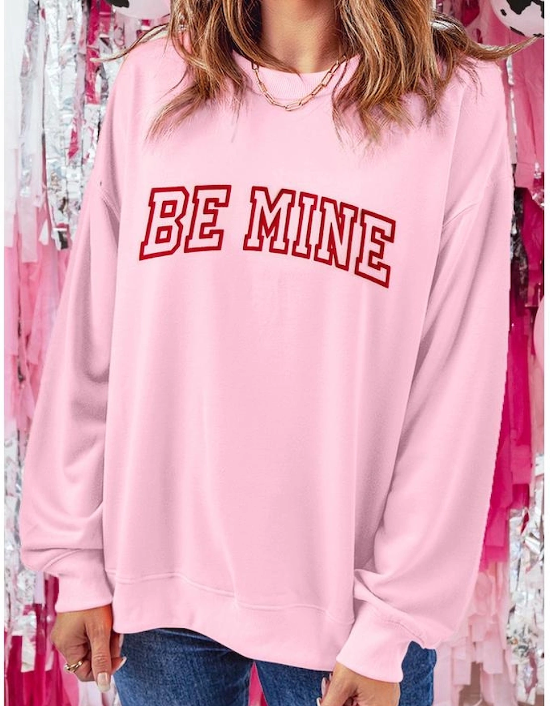 Pink BE MINE Puff Graphic Pullover Sweatshirt
