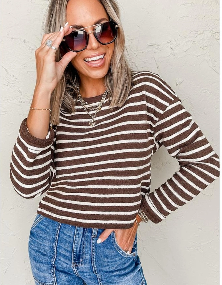 Brown Stripe Ribbed Cropped Crew Neck Long Sleeve T Shirt