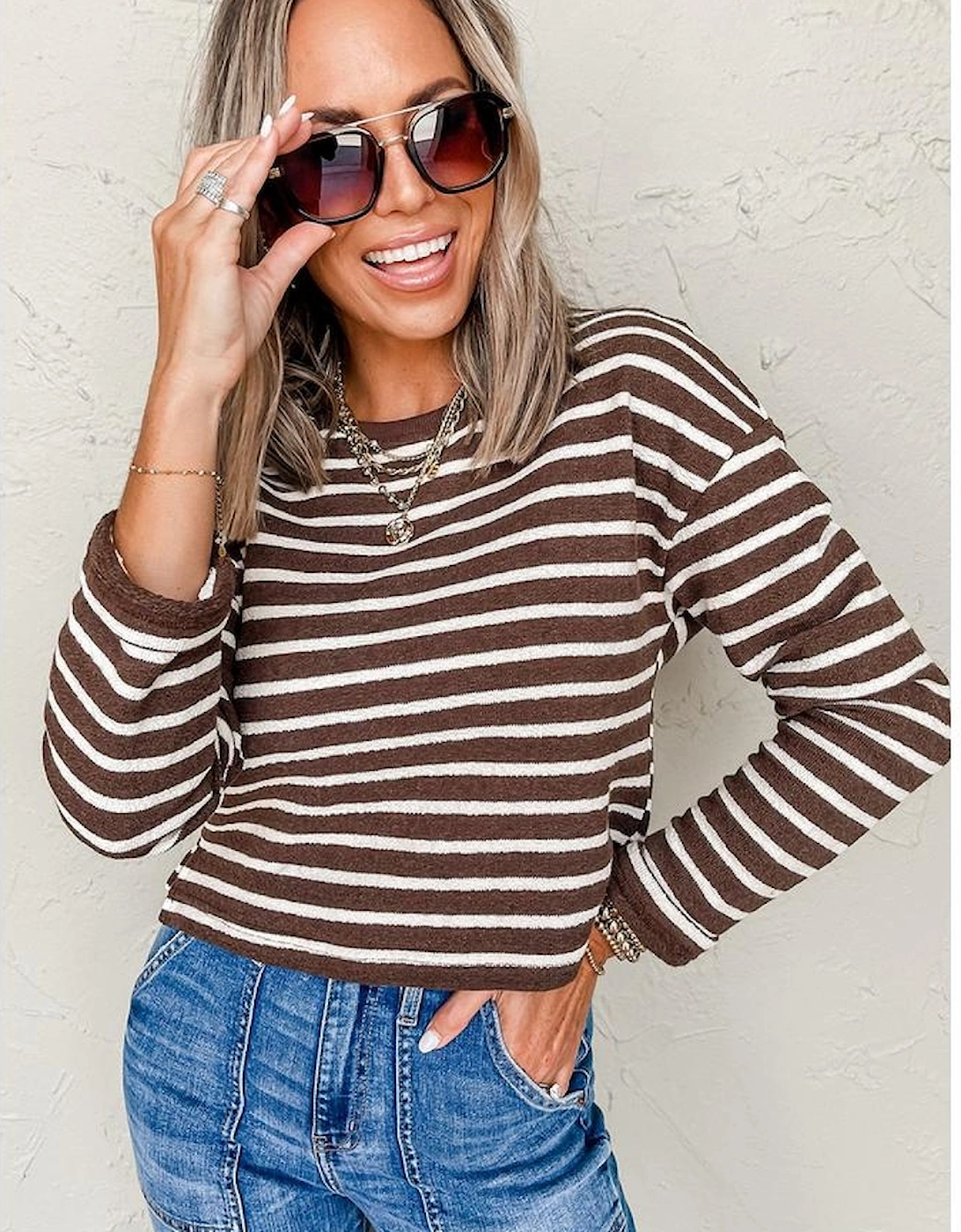 Brown Stripe Ribbed Cropped Crew Neck Long Sleeve T Shirt