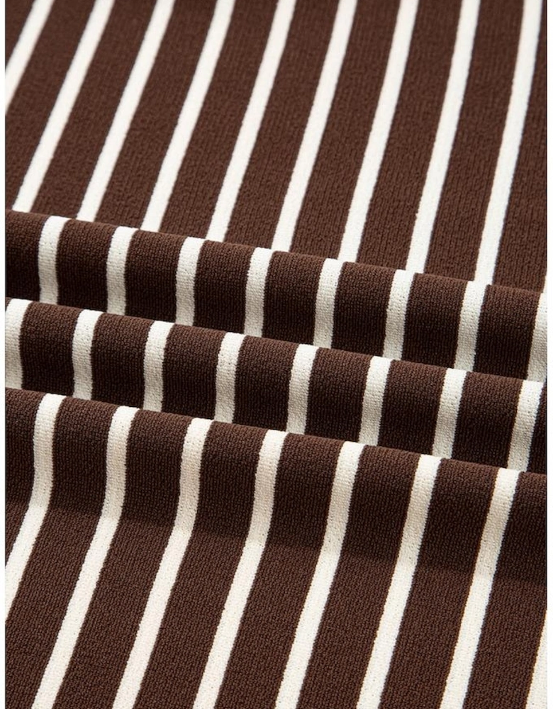 Brown Stripe Ribbed Cropped Crew Neck Long Sleeve T Shirt