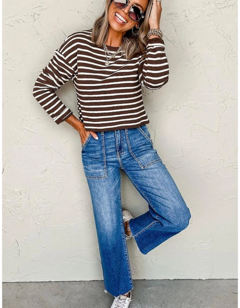 Brown Stripe Ribbed Cropped Crew Neck Long Sleeve T Shirt