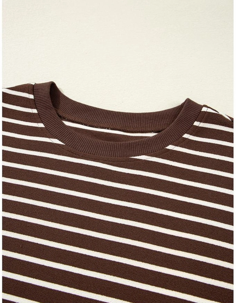 Brown Stripe Ribbed Cropped Crew Neck Long Sleeve T Shirt