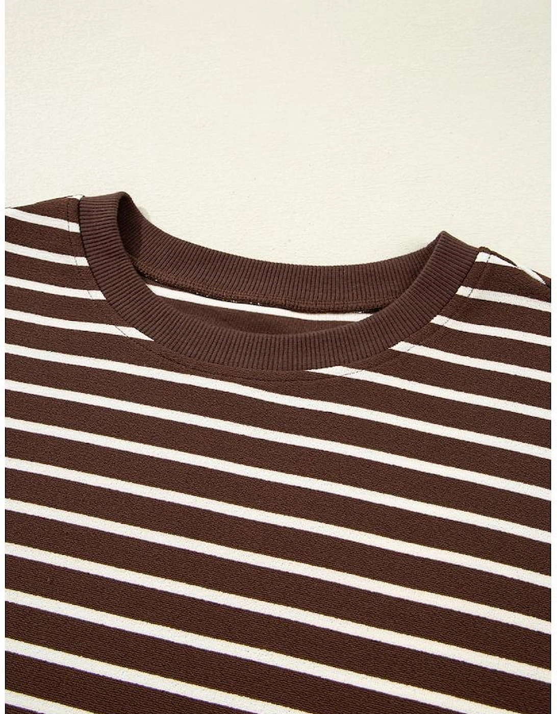 Brown Stripe Ribbed Cropped Crew Neck Long Sleeve T Shirt