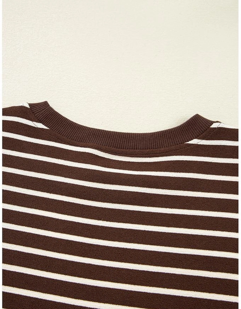 Brown Stripe Ribbed Cropped Crew Neck Long Sleeve T Shirt