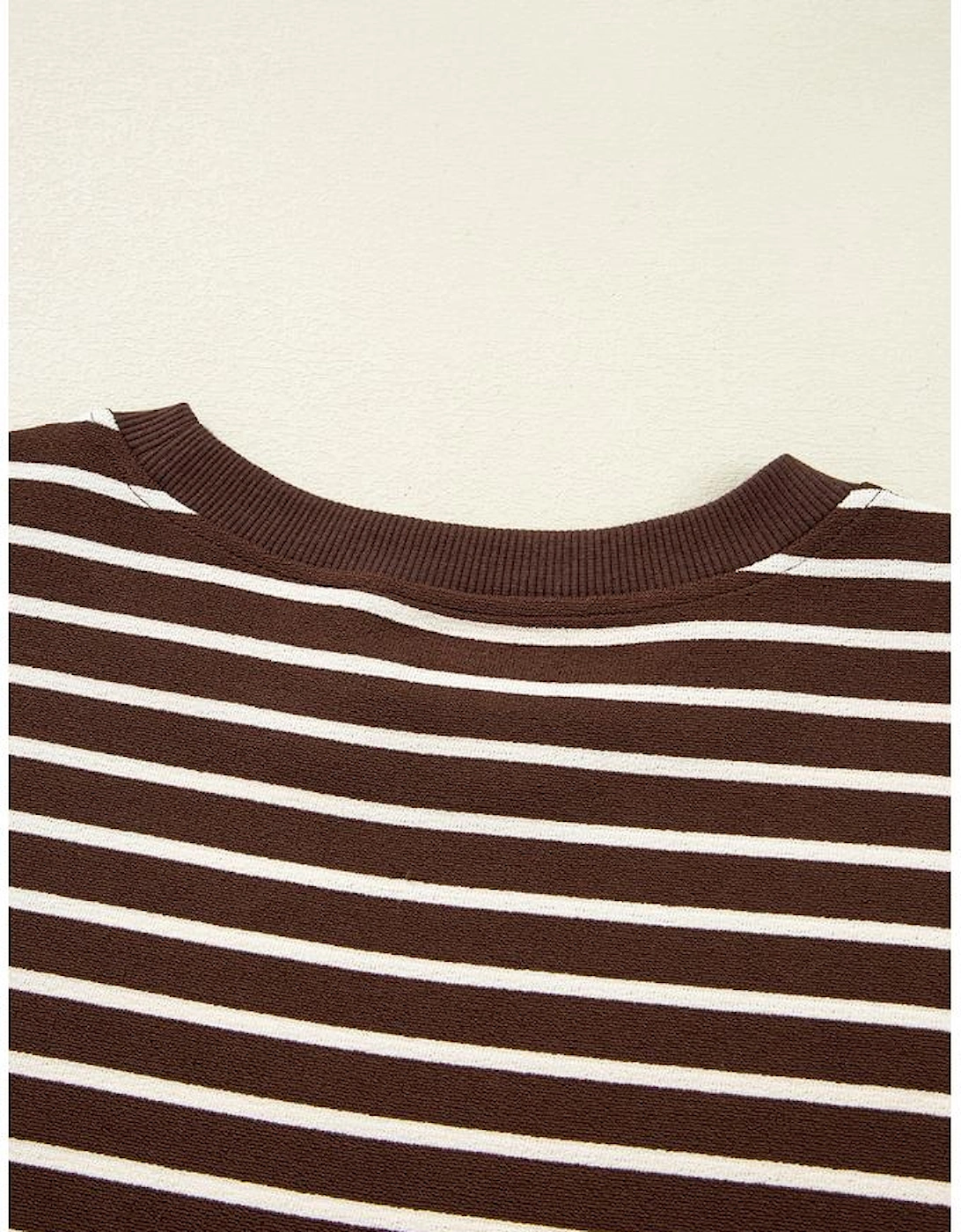 Brown Stripe Ribbed Cropped Crew Neck Long Sleeve T Shirt