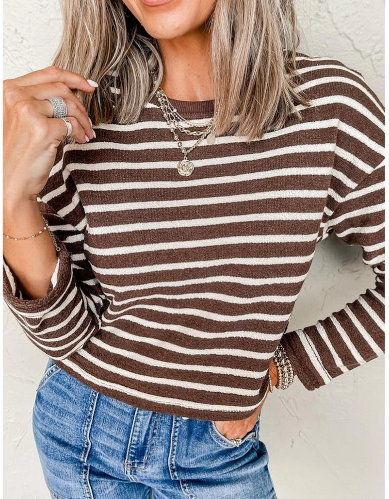 Brown Stripe Ribbed Cropped Crew Neck Long Sleeve T Shirt