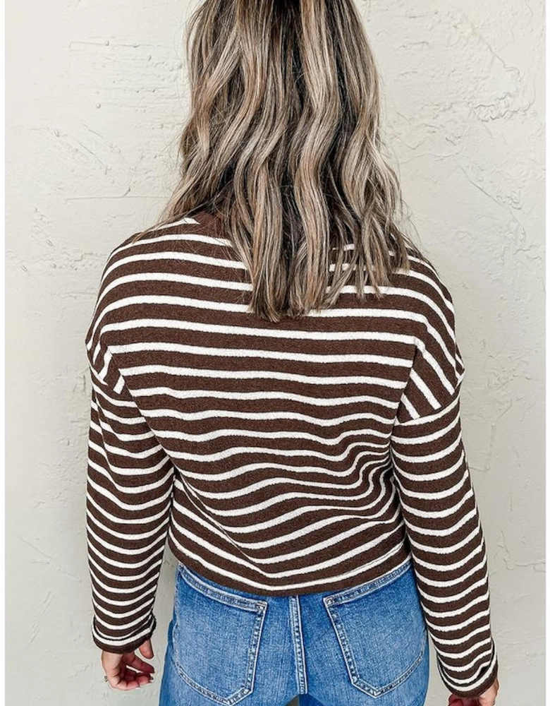 Brown Stripe Ribbed Cropped Crew Neck Long Sleeve T Shirt
