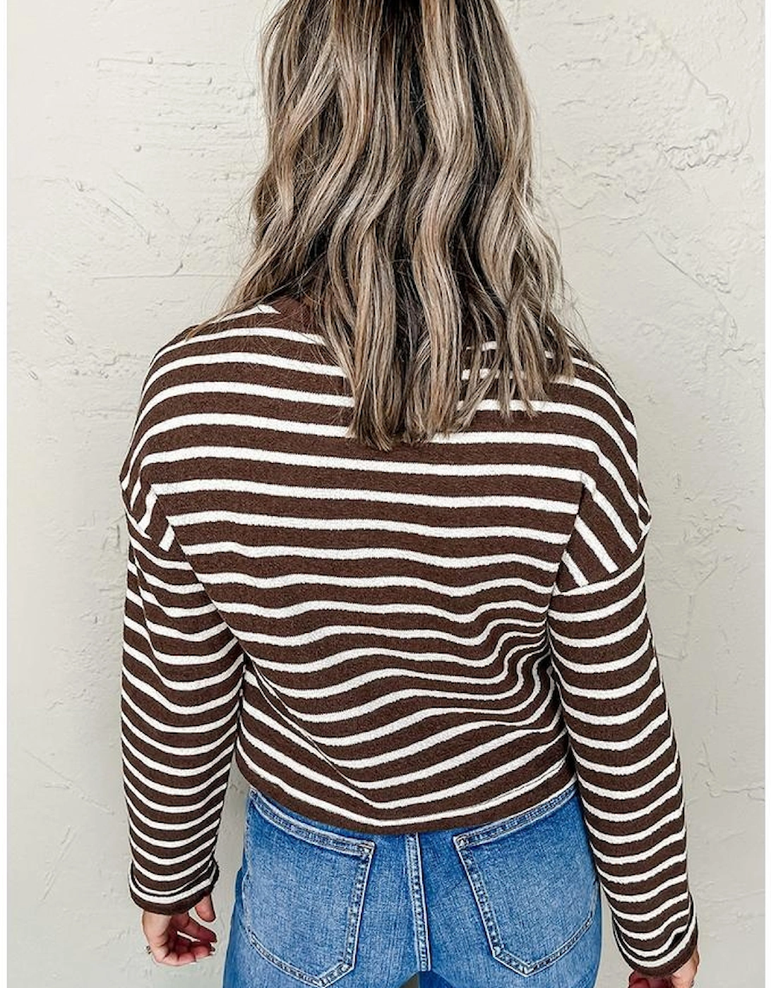 Brown Stripe Ribbed Cropped Crew Neck Long Sleeve T Shirt, 13 of 12