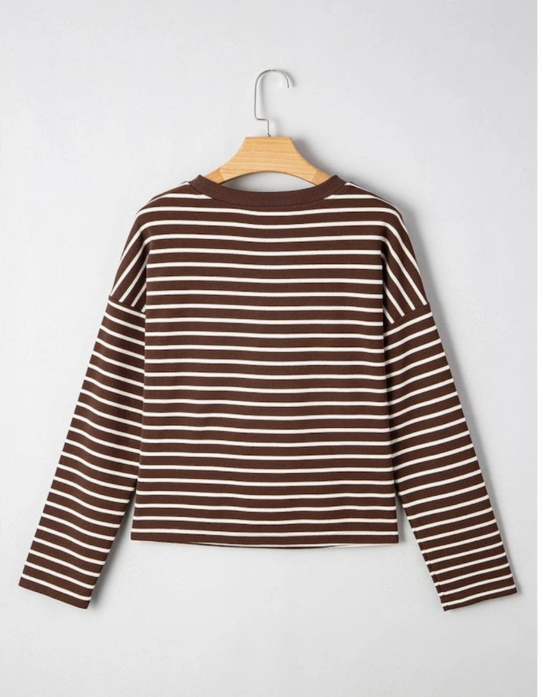 Brown Stripe Ribbed Cropped Crew Neck Long Sleeve T Shirt
